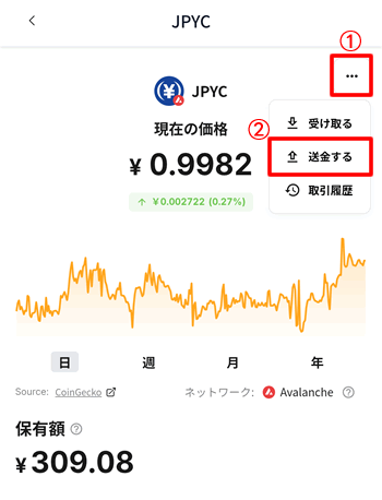 メニューから送金を選択
