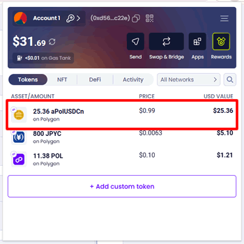 Aaveで受け取ったaUSDCトークンをクリック