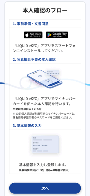 JPYCを利用するための本人確認へ進みます。必要なアプリや情報を事前に用意しましょう。